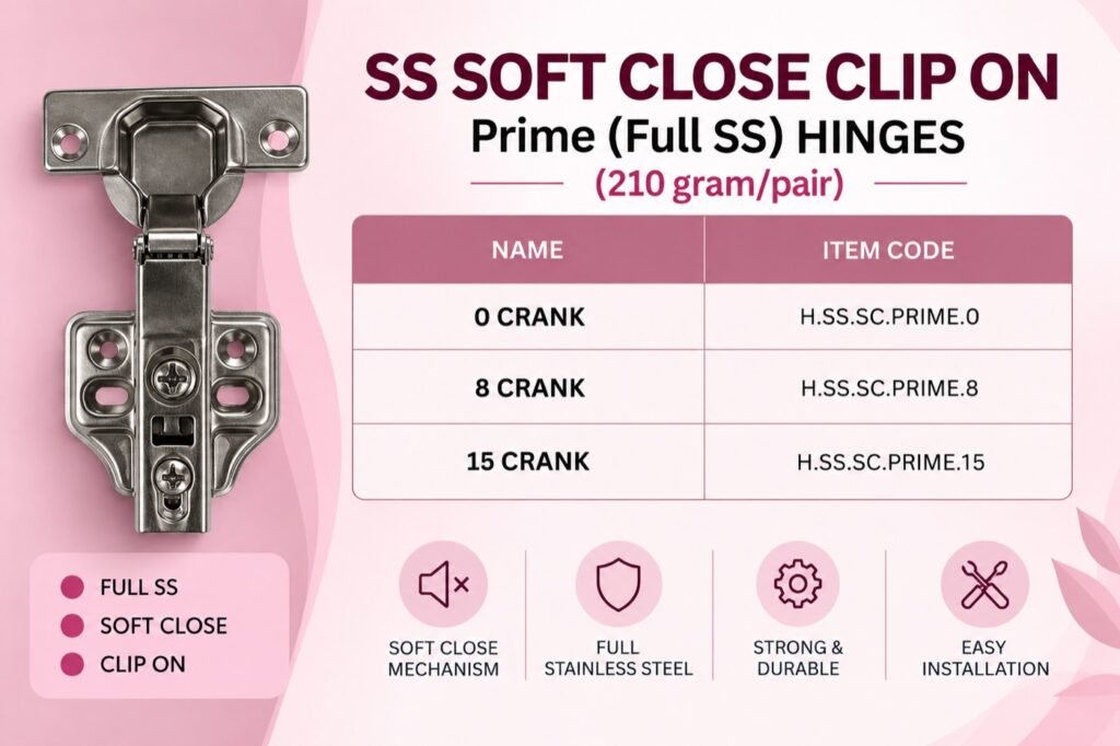 SS Soft Close Clip On Hinges - Prime (Full SS)